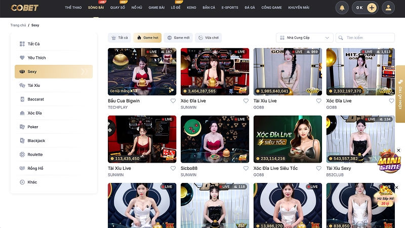 Sảnh casino trực tuyến COBET với dealer chuyên nghiệp, hình ảnh sắc nét
